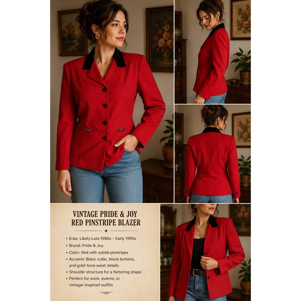 Vintage Pride & Joy Red Pinstripe Blazer Black Collar Black Waist Detail XL